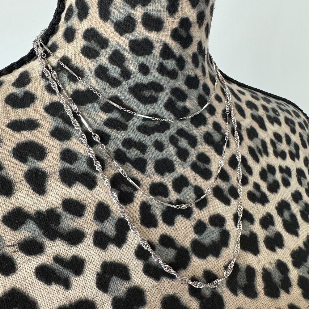 Crown Trifari Vintage 3-Strand Silver-Tone Mixed Chain Bib Necklace